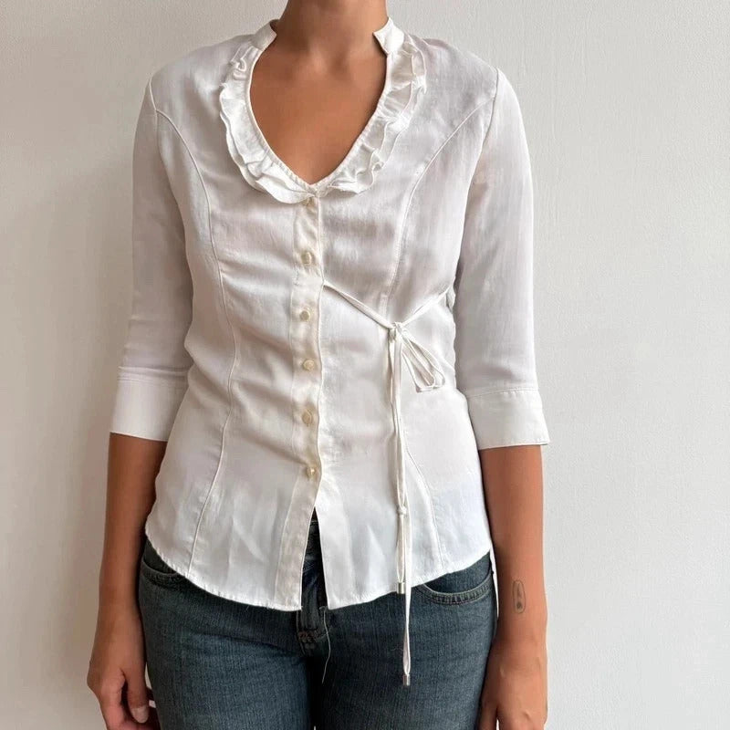 White 3/4 sleeve tie side ruffle blouse - Size S