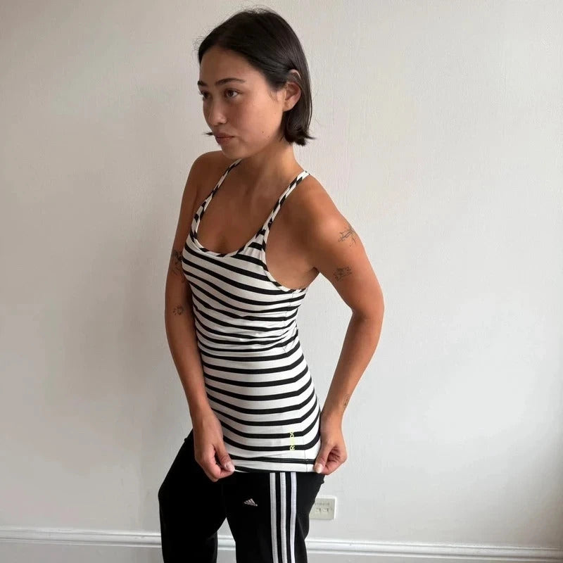 Reebok black + white striped gym top - Size S