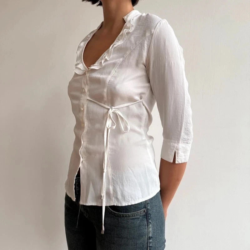 White 3/4 sleeve tie side ruffle blouse - Size S