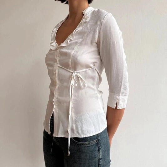 White 3/4 sleeve tie side ruffle blouse - Size S