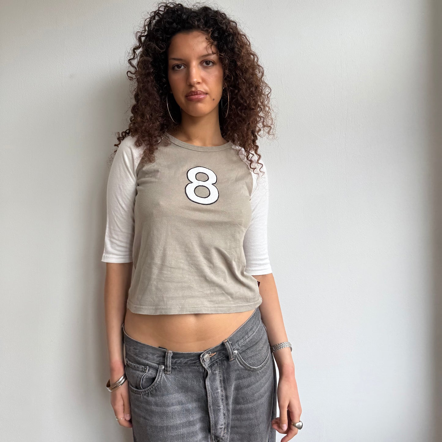 Khaki ‘8’ 3/4 sleeve top - Size S