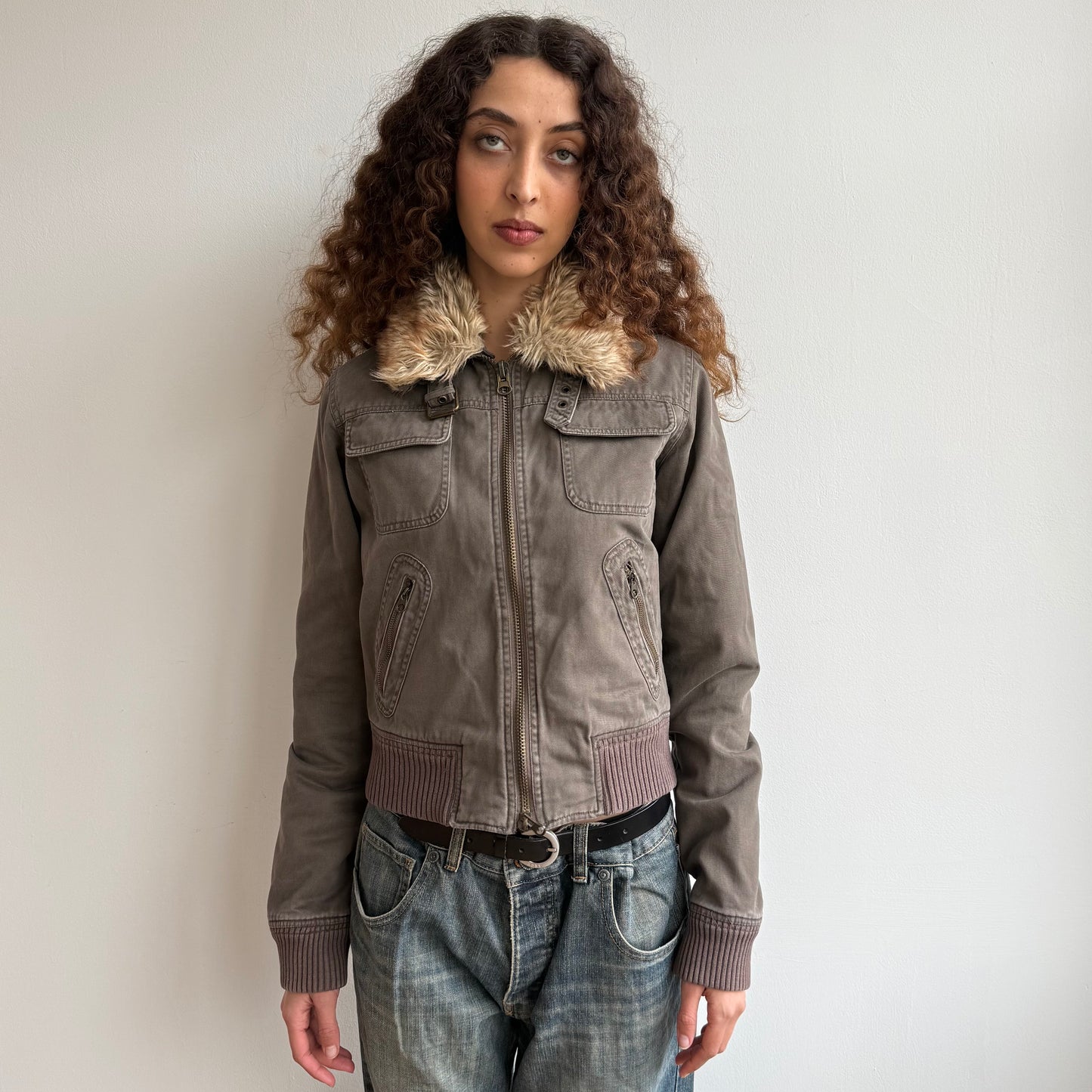 Brown fur collar bomber - Size S