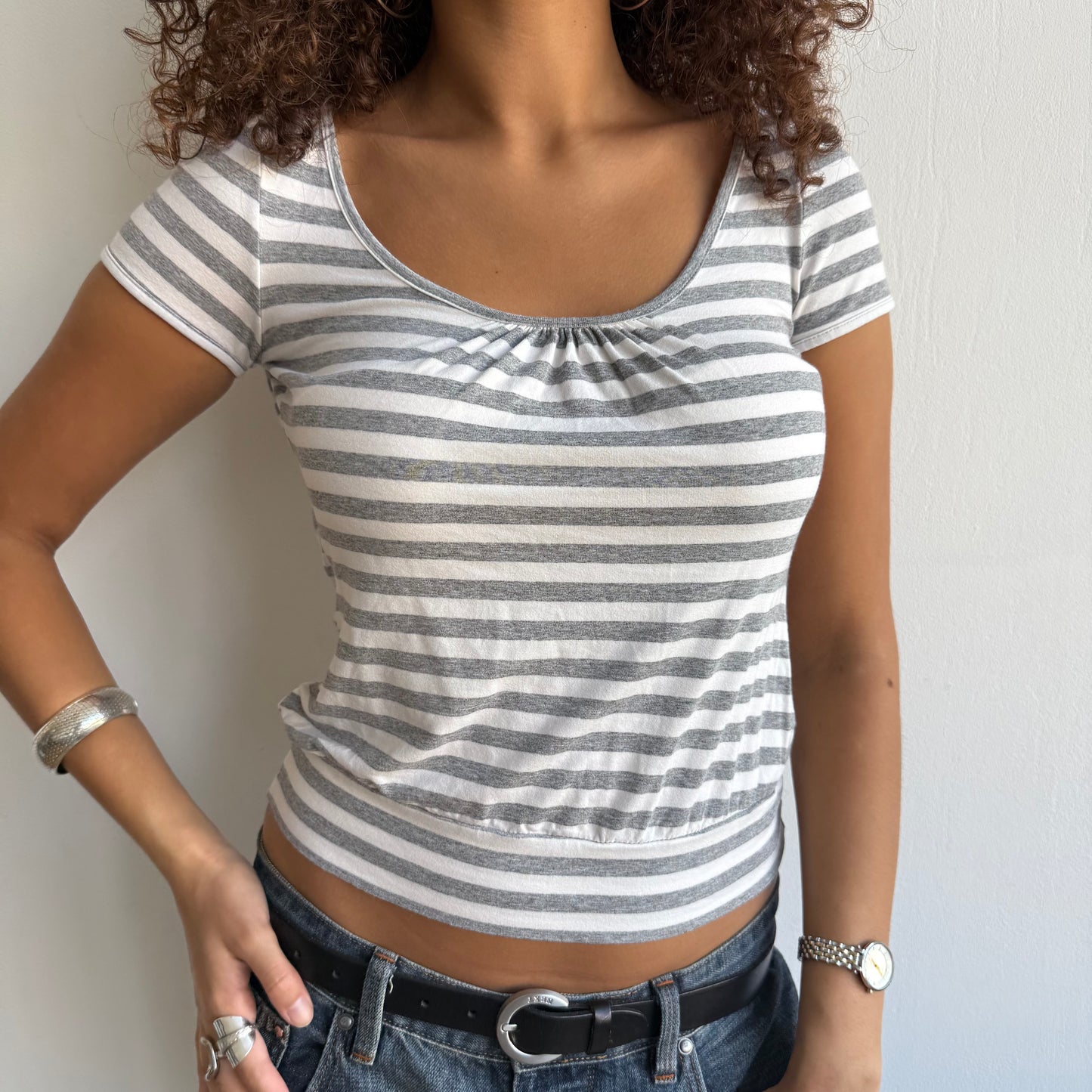 Grey + white stripe open back top - Size S