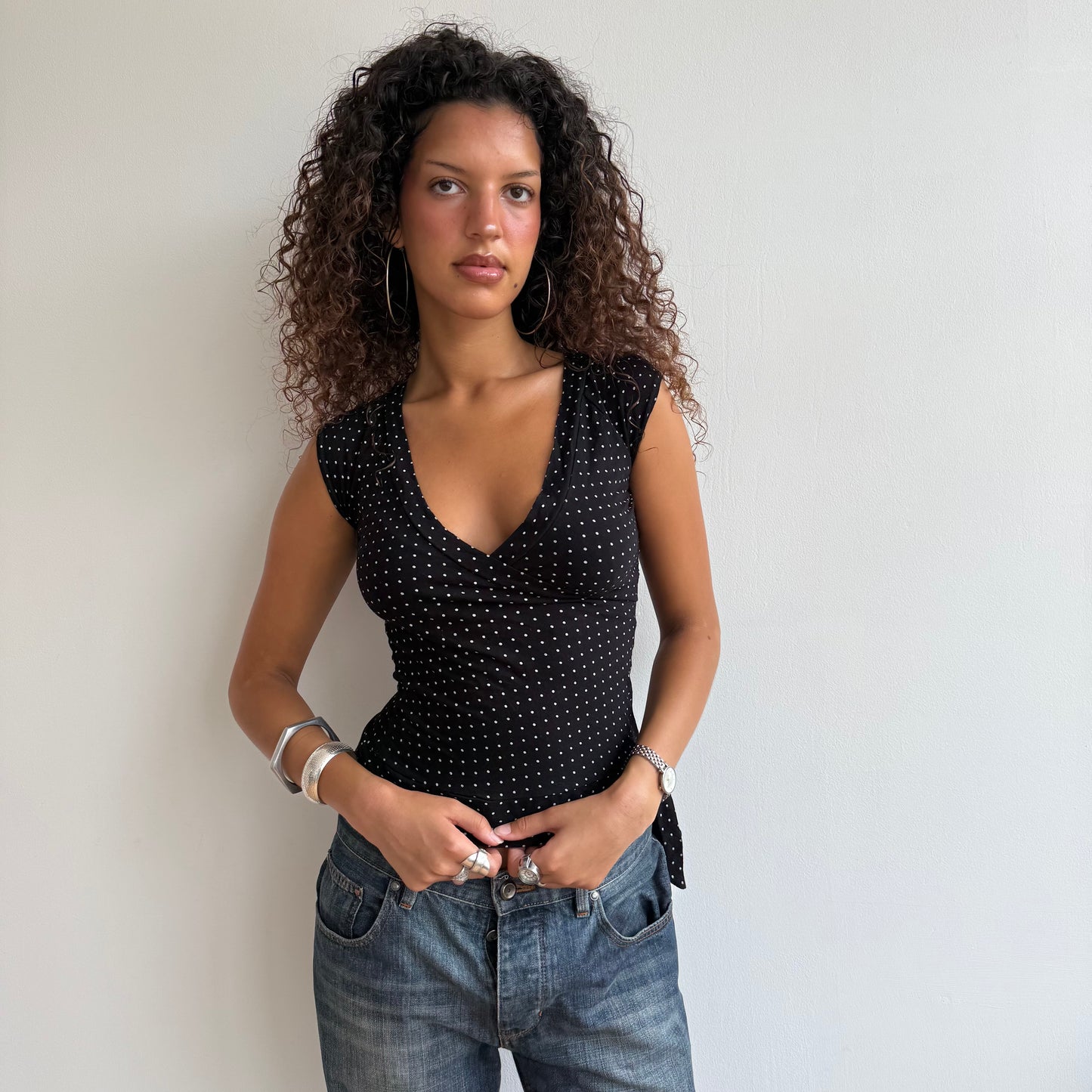 Polka dot tie side wrap top - Size S