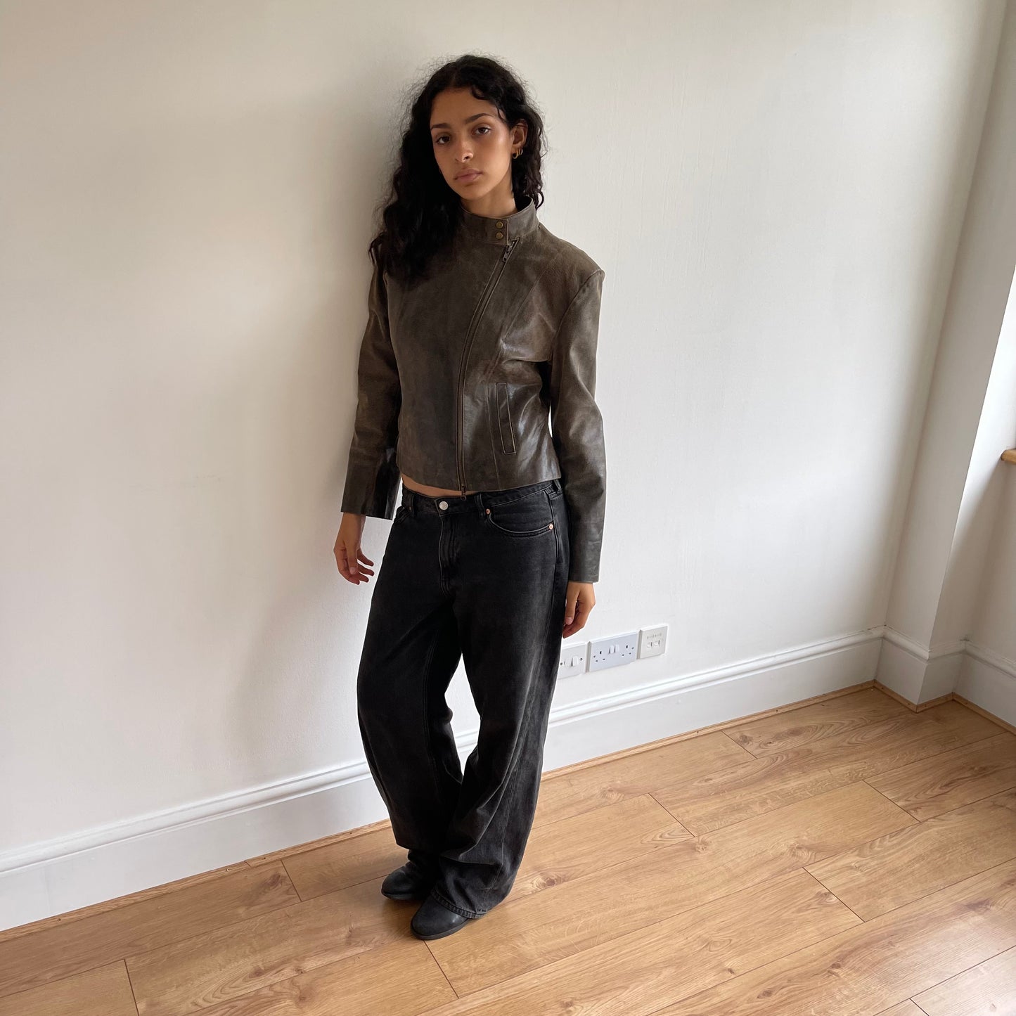 Brown asymmetric moto jacket - Size M