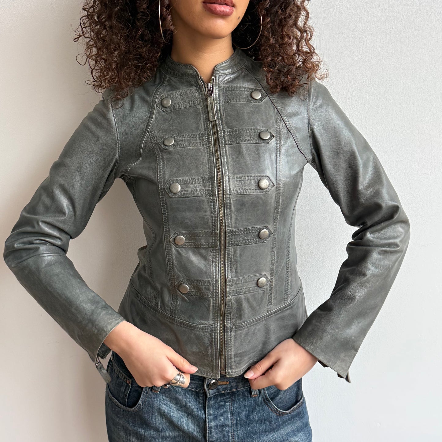 Grey leather military jacket - Size S