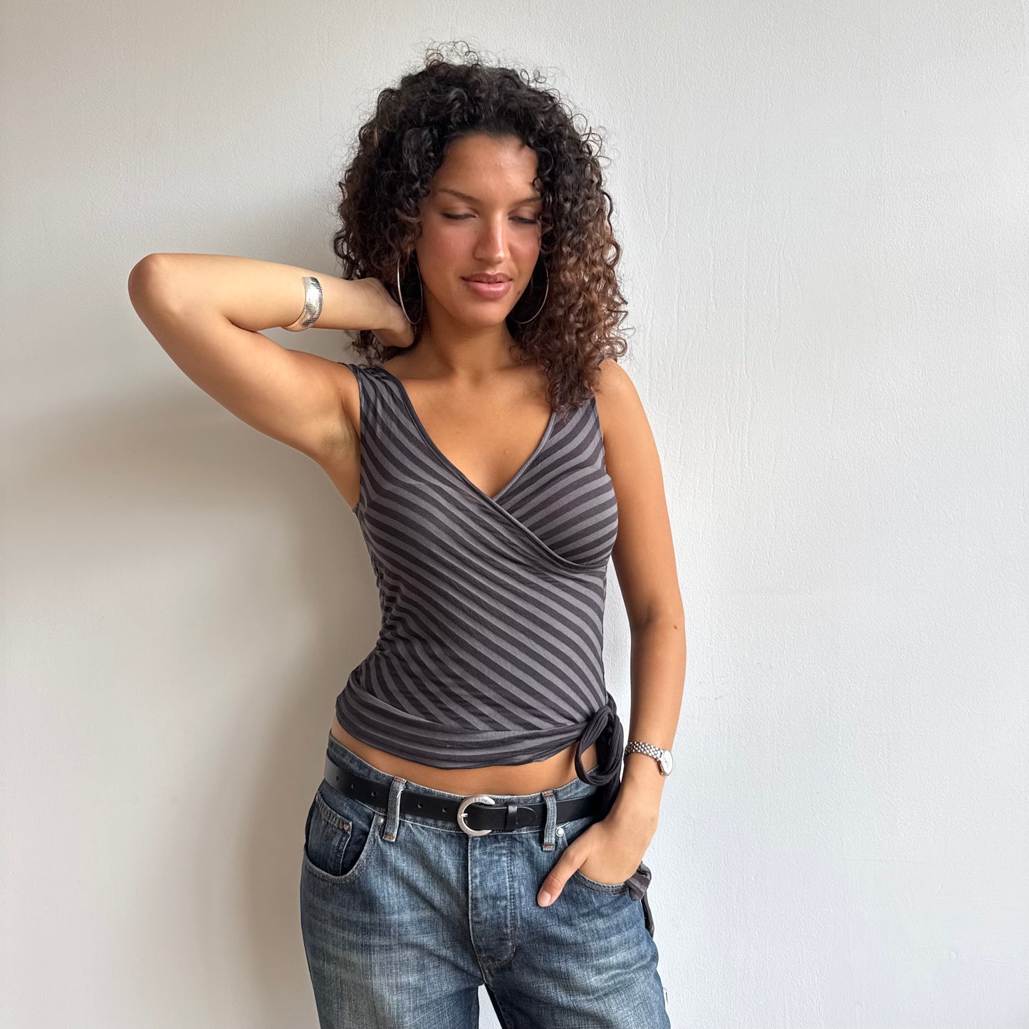 Black + grey stripe wrap top - Size S