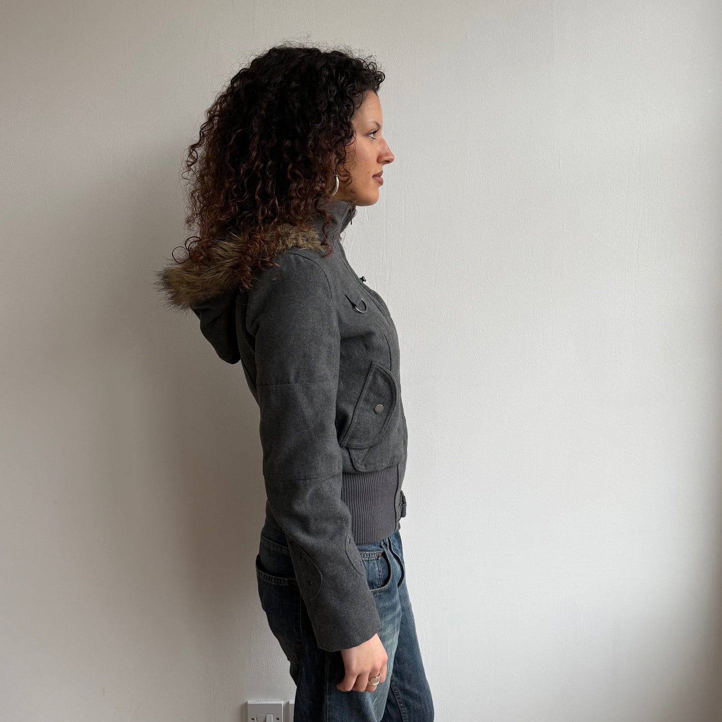 Grey faux fur hood bomber - Size S