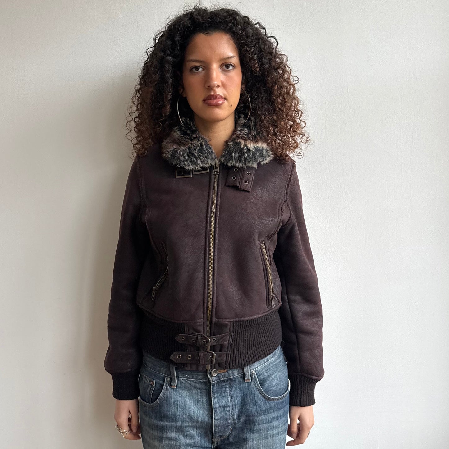Brown buckle faux suede bomber - Size M/L