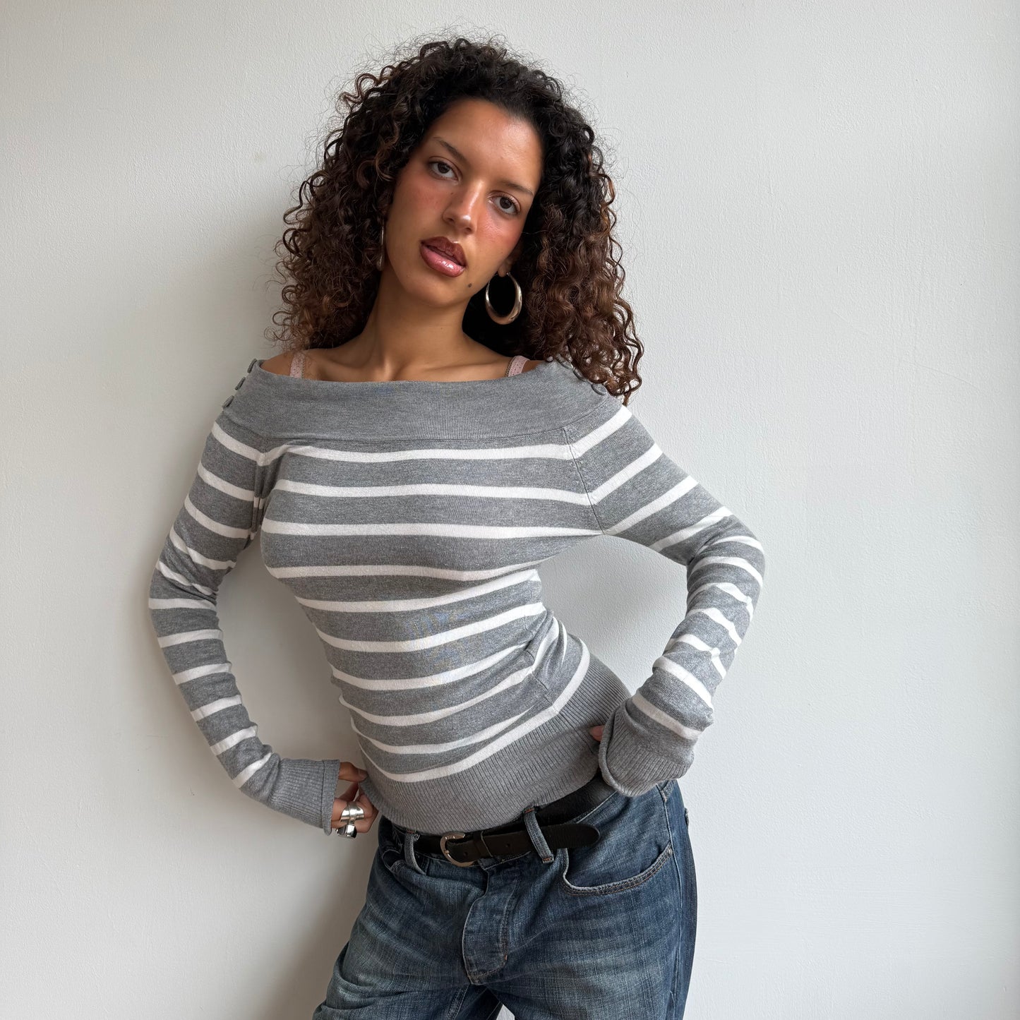 Grey + white striped bardot knit - Size S/M
