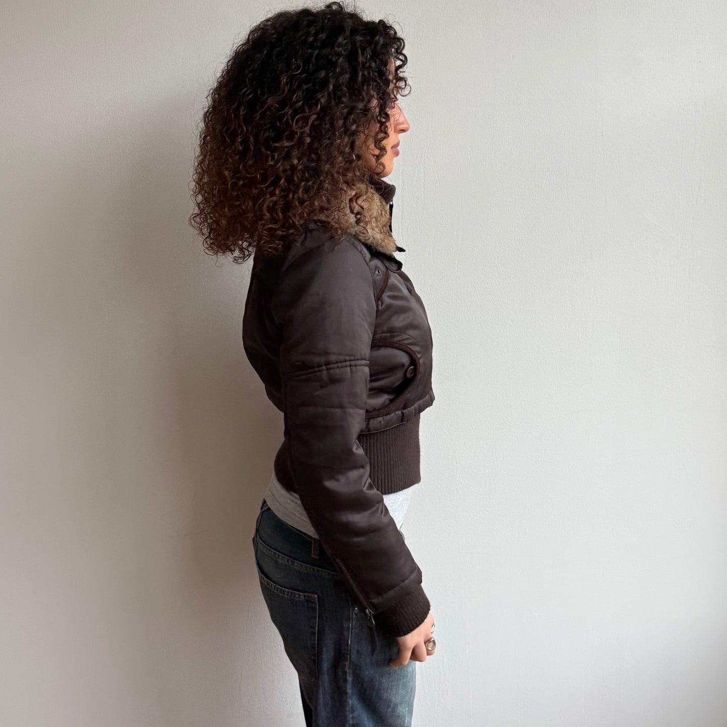 Brown fur collar puffer jacket - Size S