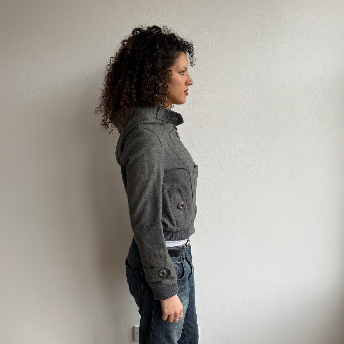 Grey button front hooded bomber - Size S/M