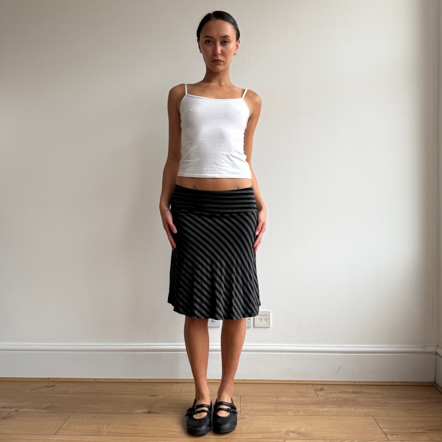 Black + grey striped midi skirt - Size S