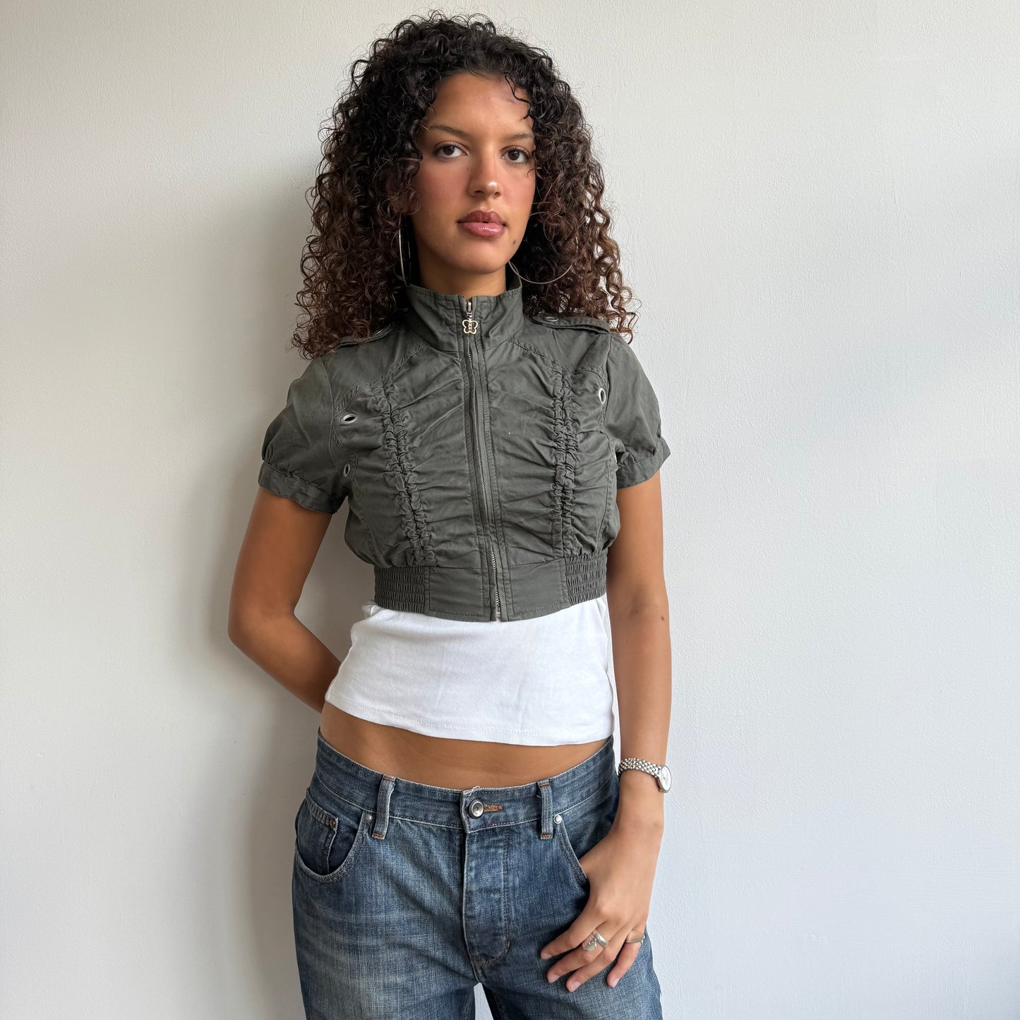 Khaki cropped ruched jacket - Size S
