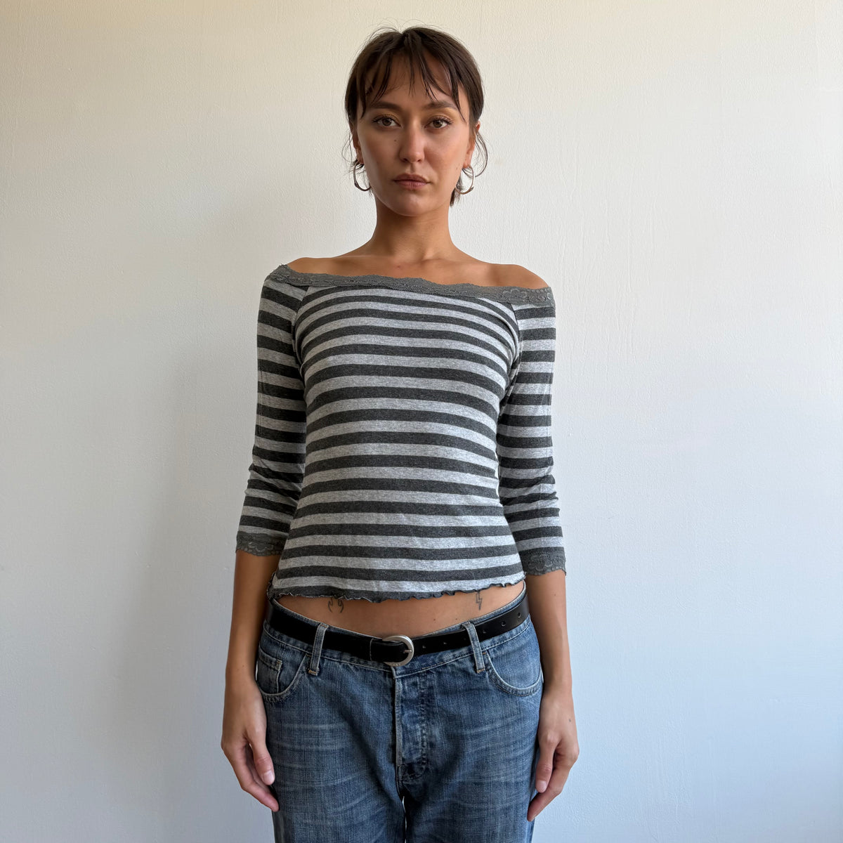 Grey striped lace 3/4 sleeve top - Size S