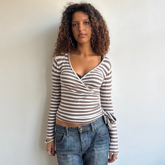 Brown and white striped wrap top - Size S/M