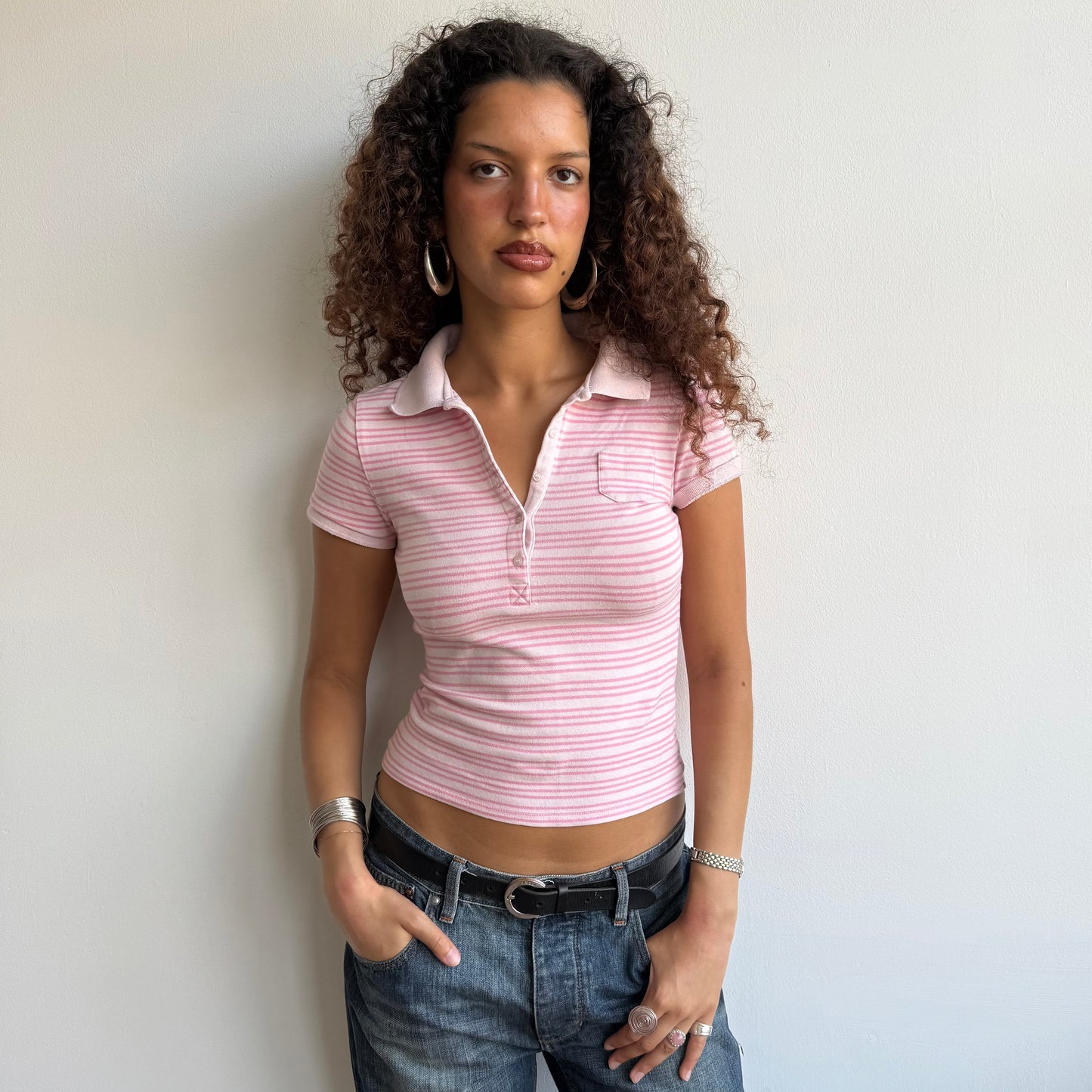 Pink striped polo top - Size S