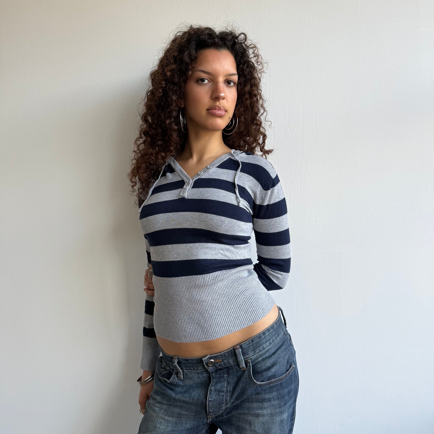 Navy and grey striped hoodie - Size S