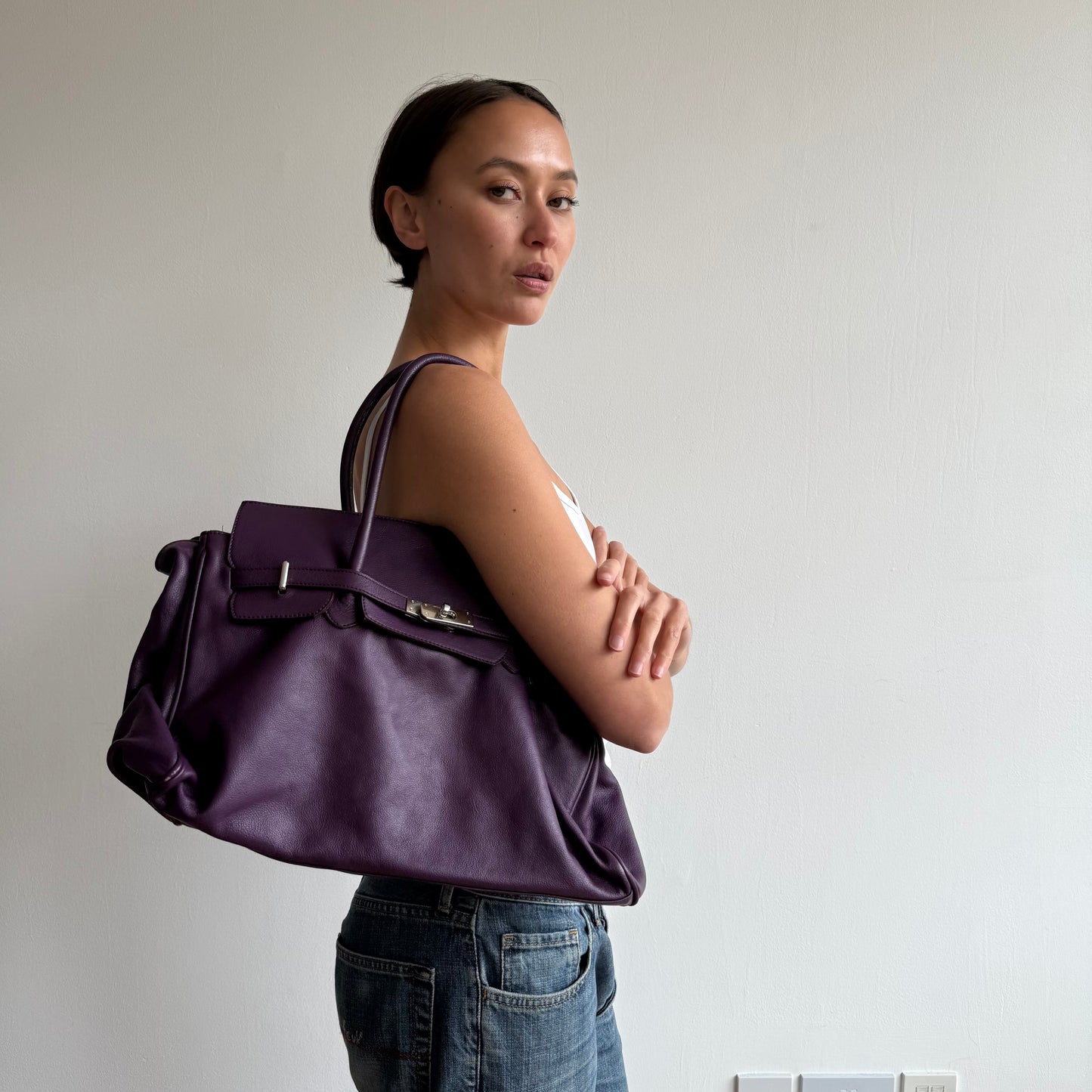 Purple leather ‘firkin’ bag - One Size