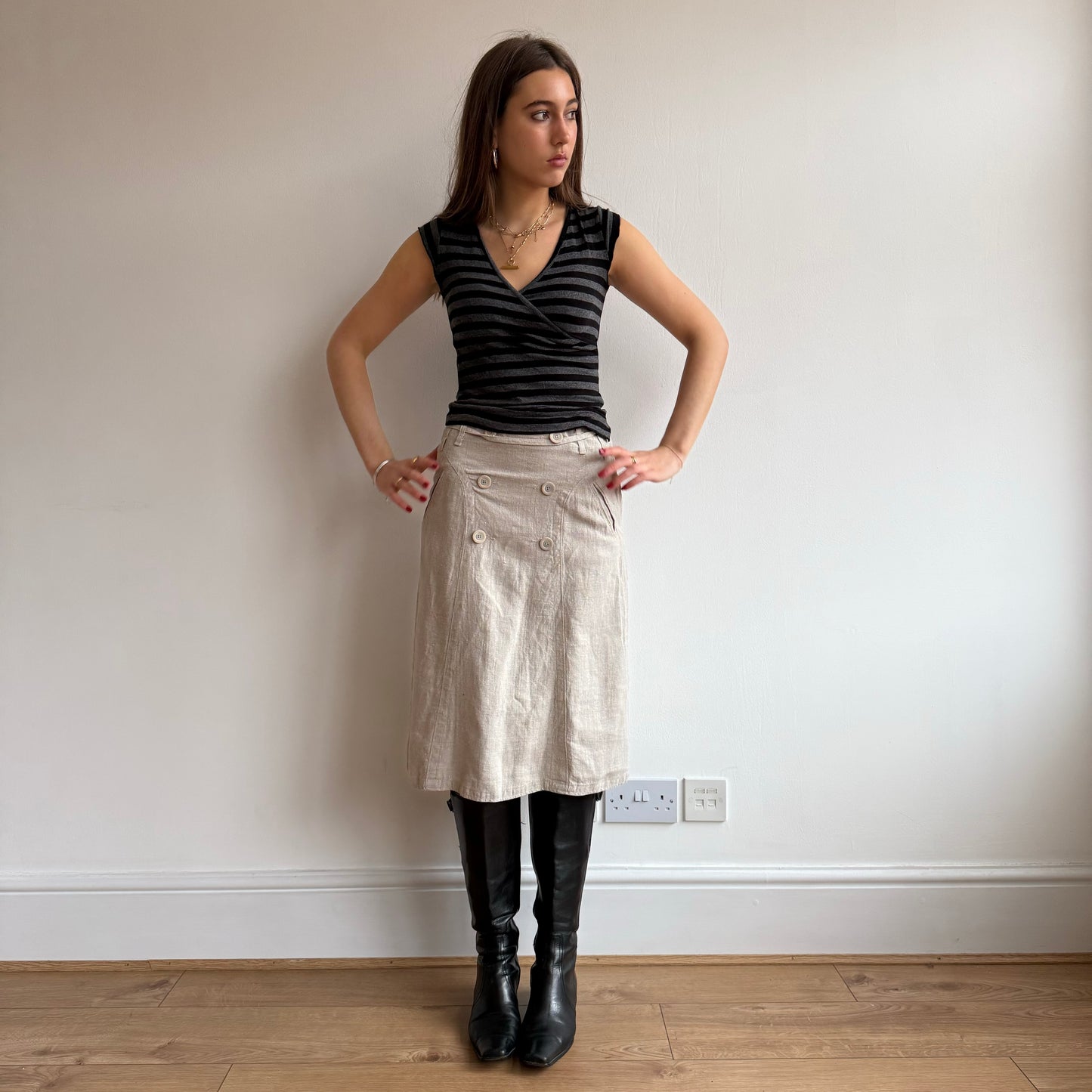 Beige linen midi skirt - Size S