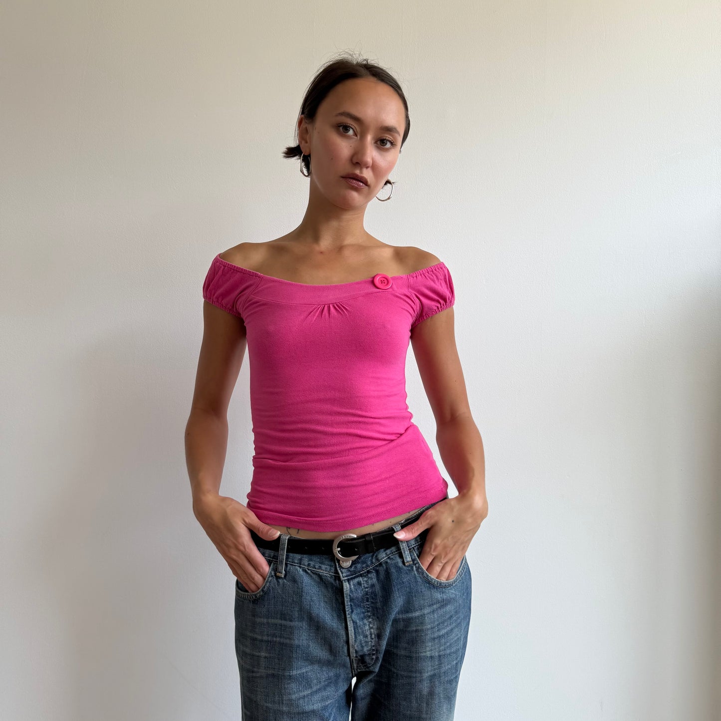 Hot pink button bardot top - Size S/M