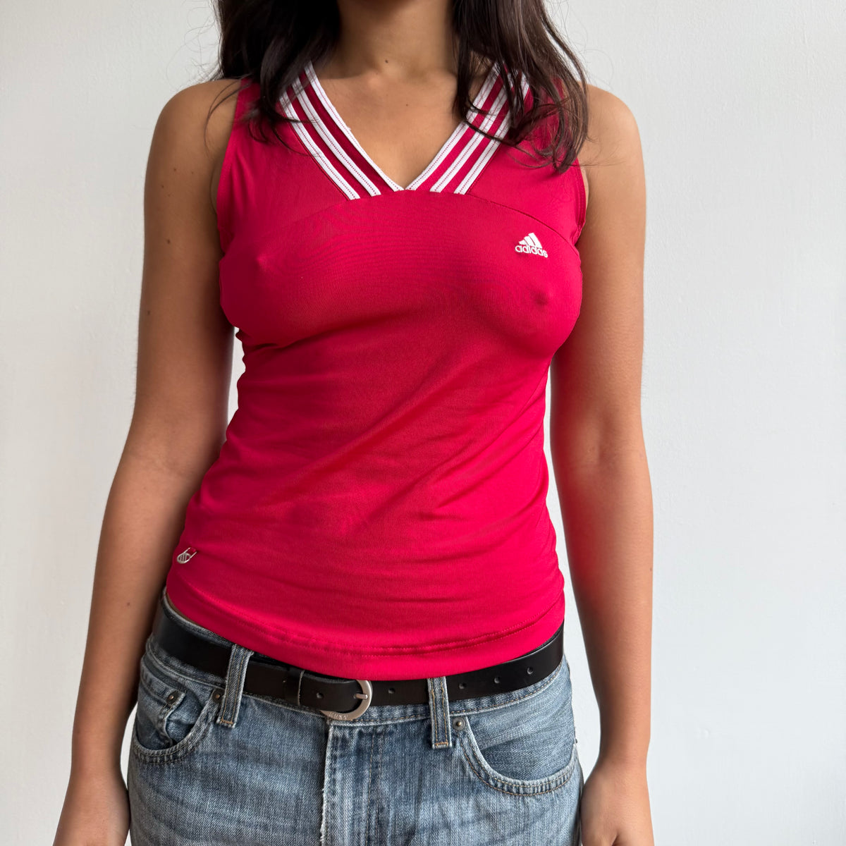 Red Adidas white stripe top - Size S