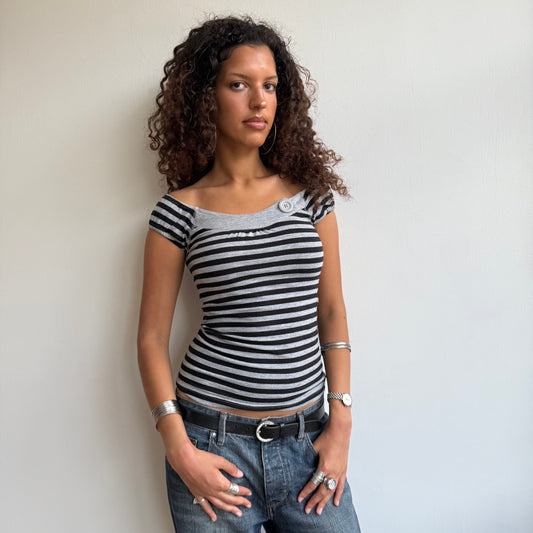 Grey stripe button top - Size XS + S + M