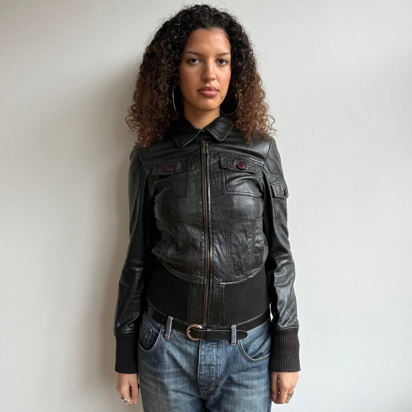 Black leather bomber jacket - Size S/M