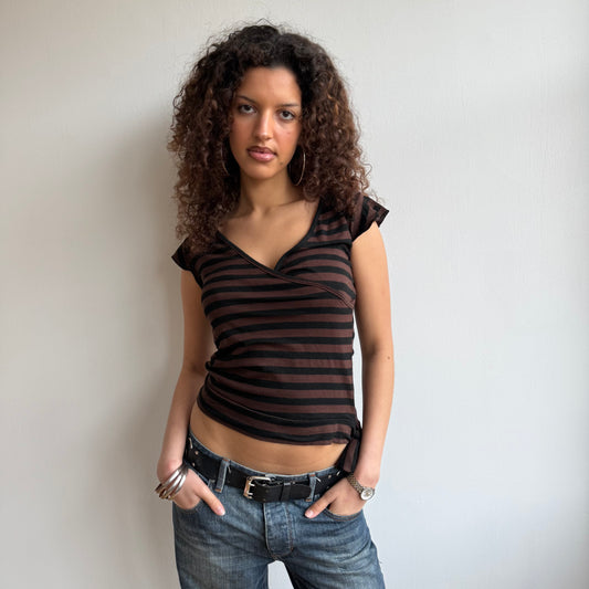 Brown striped ballet wrap top - Size M