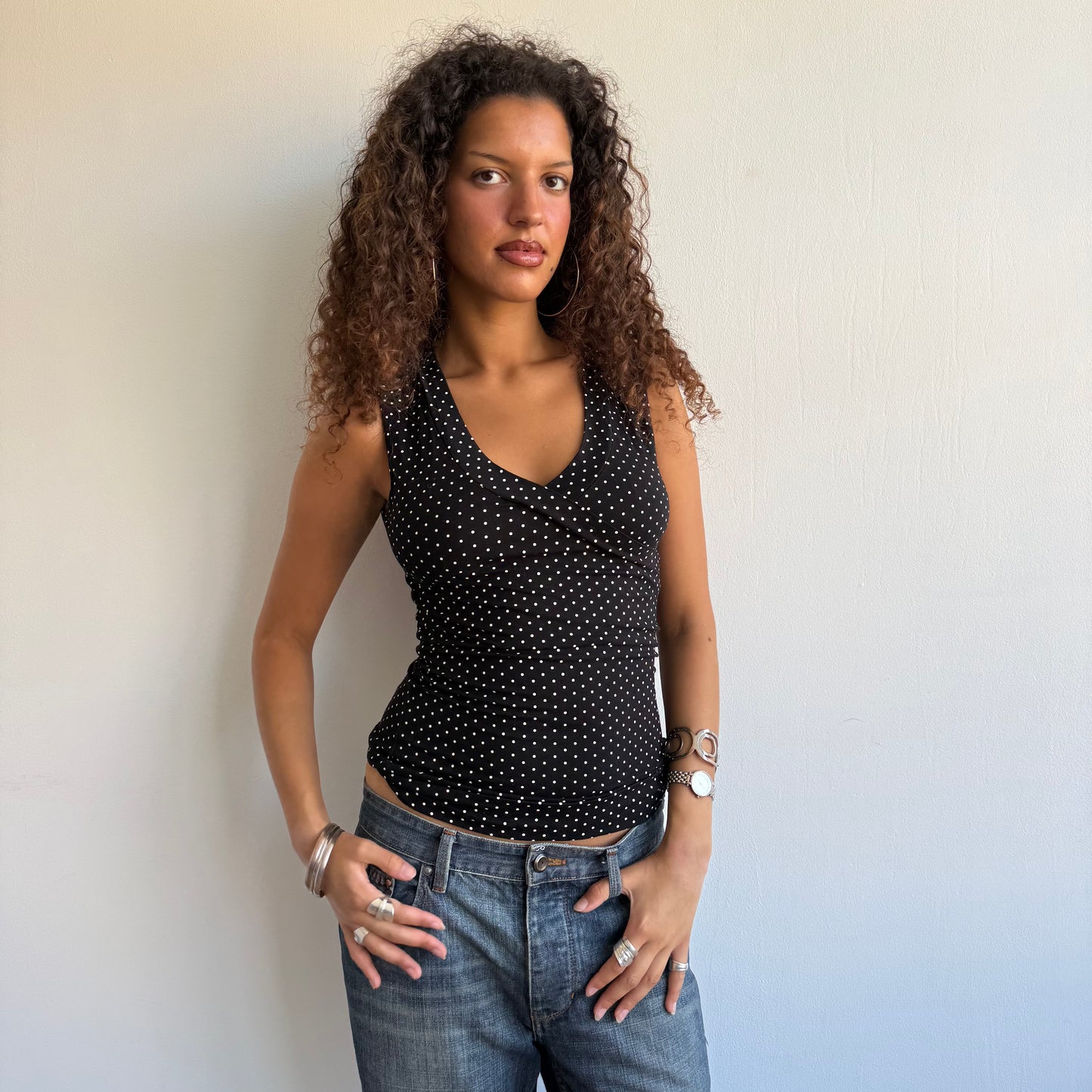 Polka dot tie side wrap top - Size S