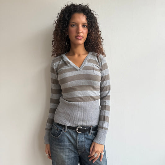 Grey + khaki striped knit hoodie - Size S/M + L