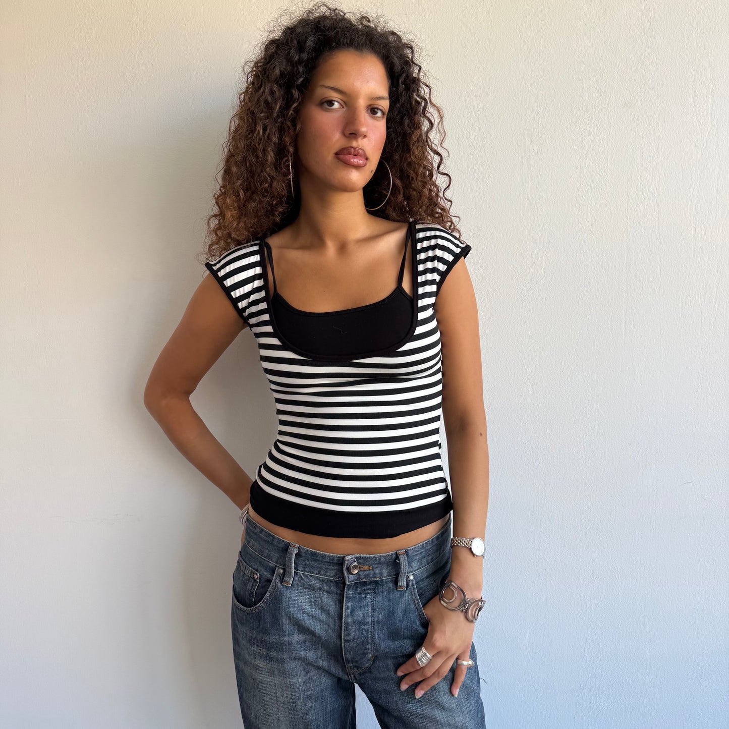 Black + white striped bardot top - Size S