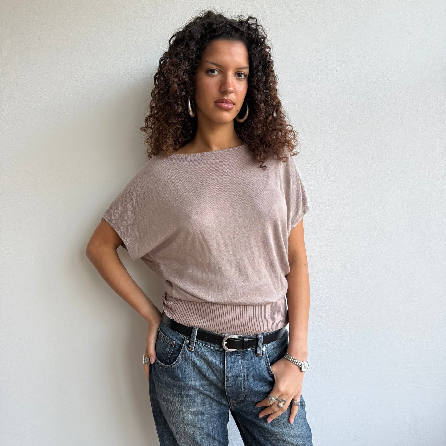 Beige short sleeve slouchy knit - Size M