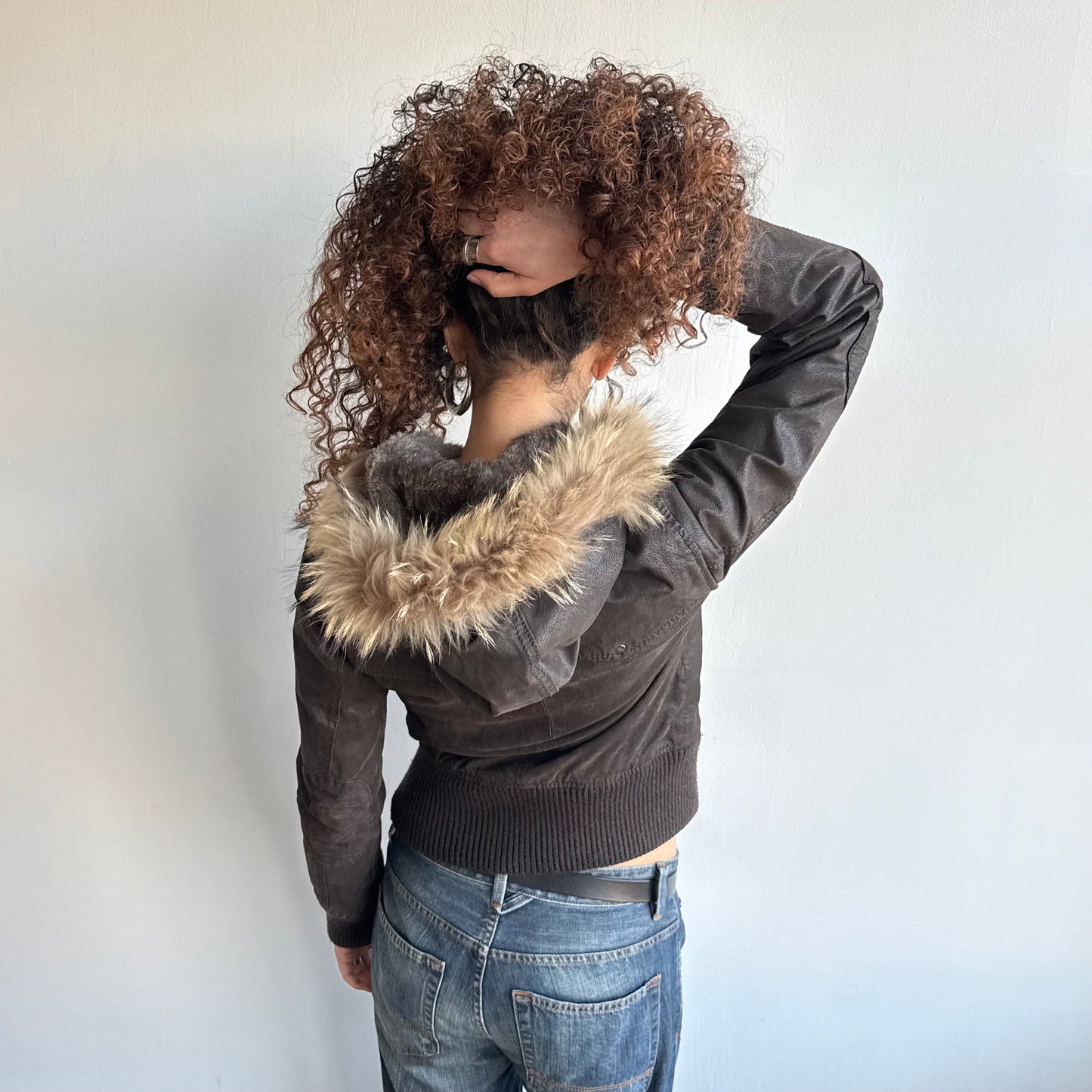 Brown suede fur hood bomber - Size S