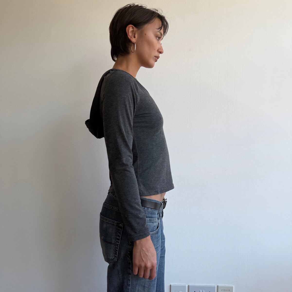 Charcoal hooded long sleeve top - Size S