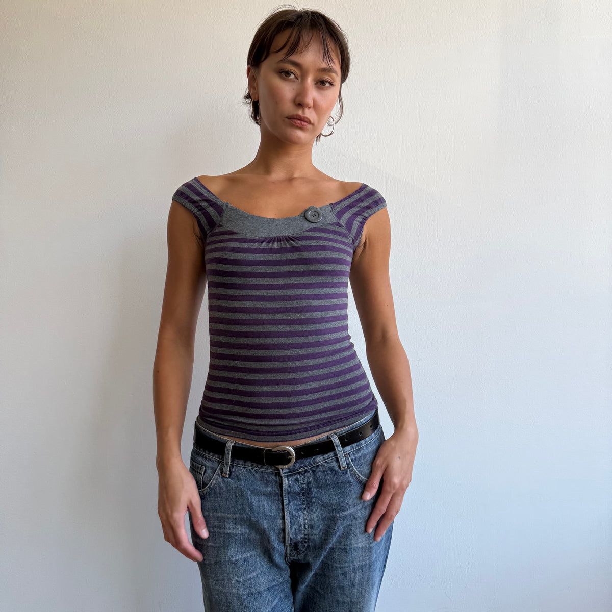 Purple + grey striped button top - Size XS