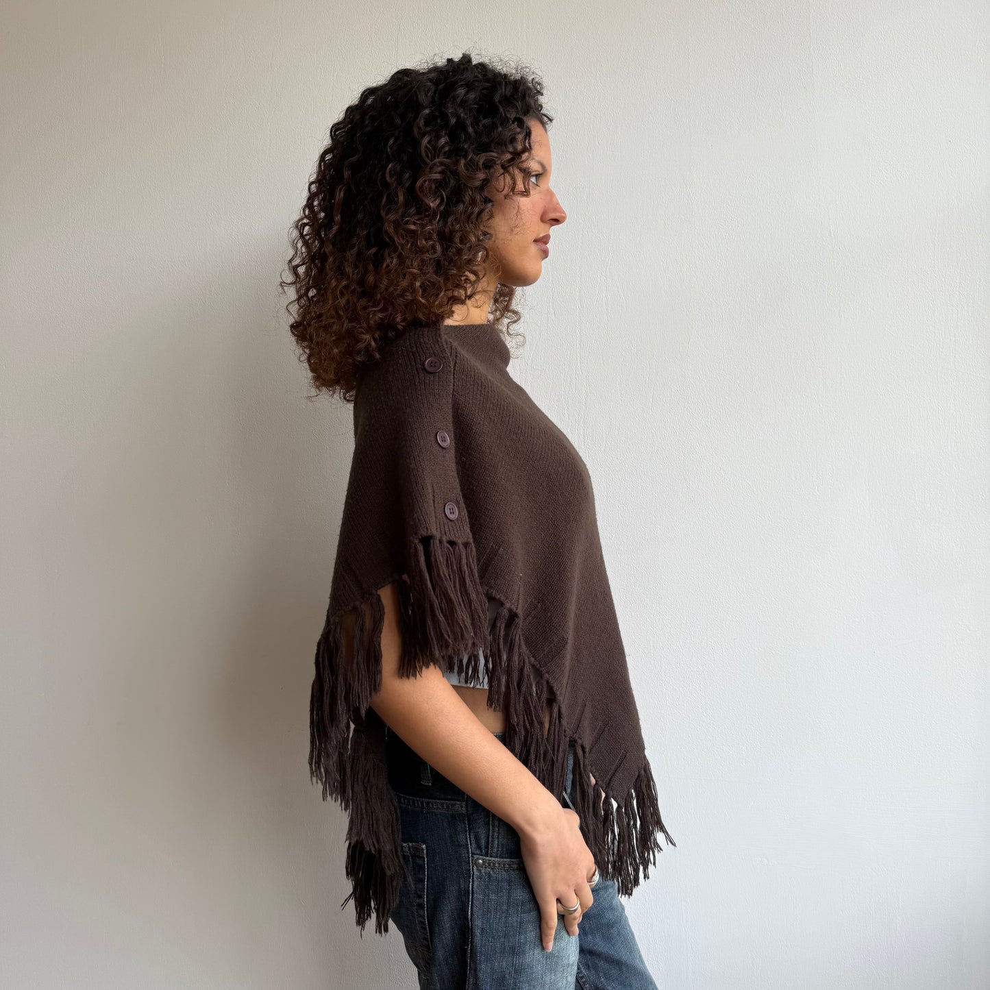 Brown tassel button poncho - One Size