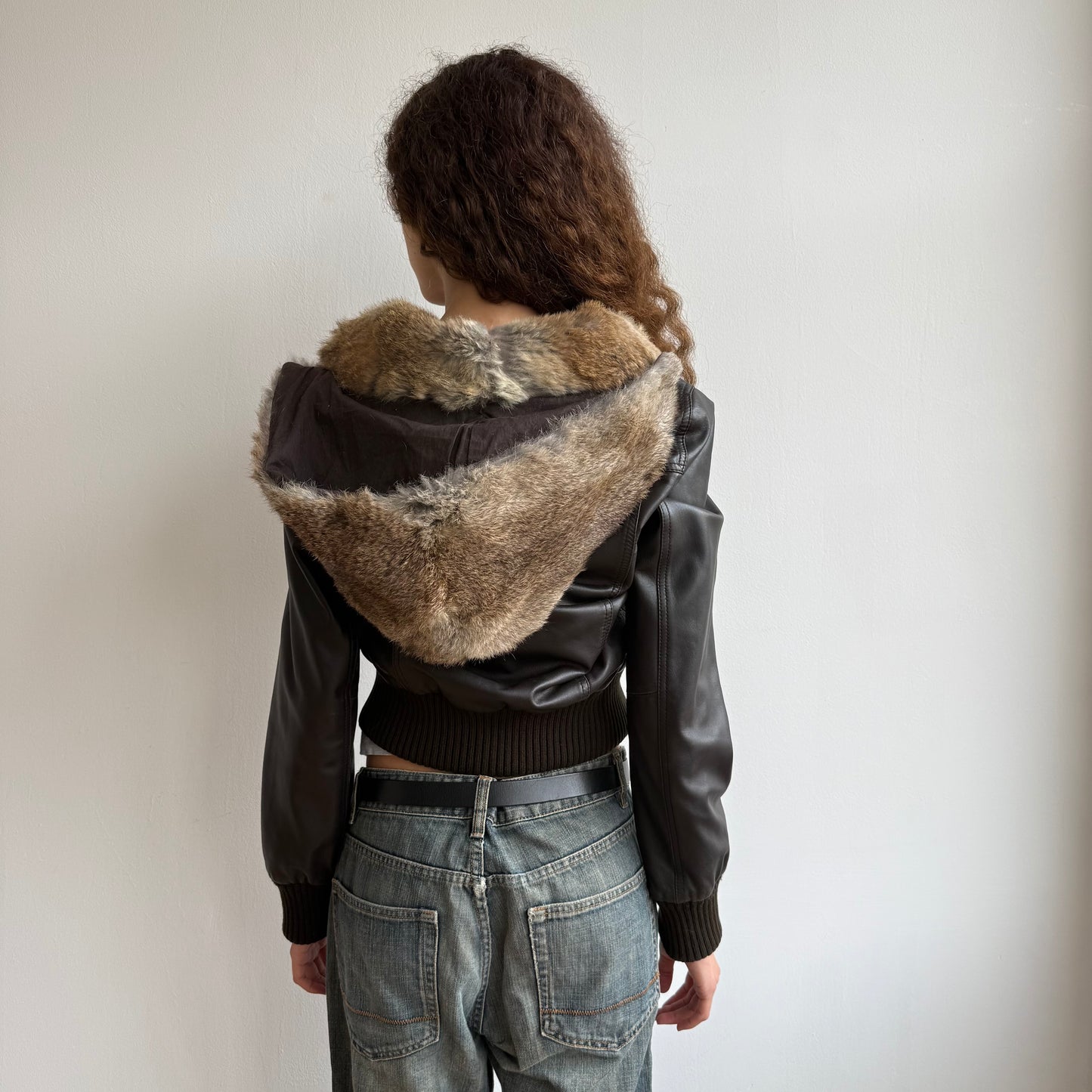 Dark brown leather fur hooded bomber - Size S