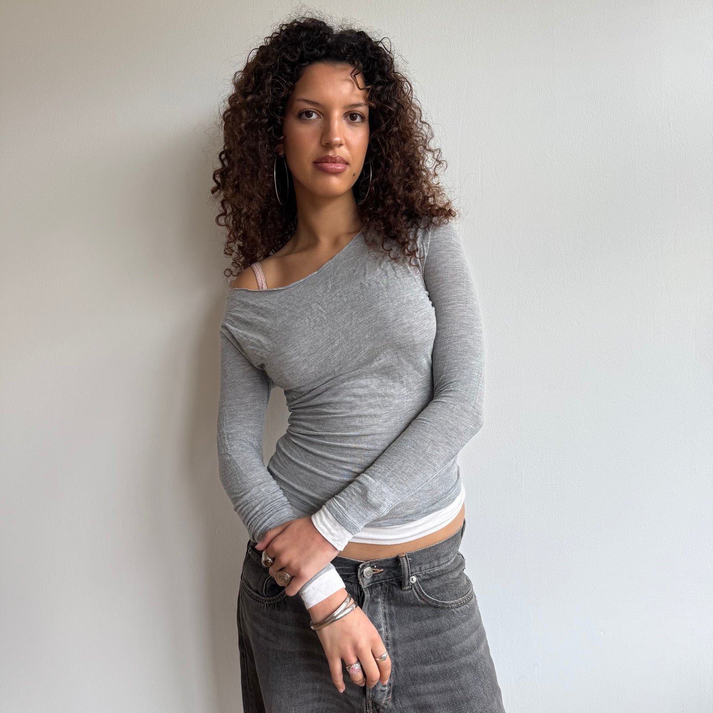 Grey double layer fine knit top - Size S + M