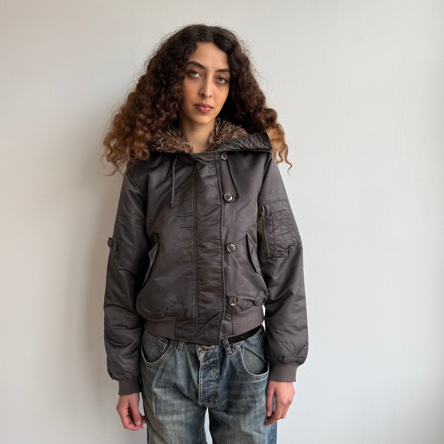 Brown faux fur hood bomber - Size M