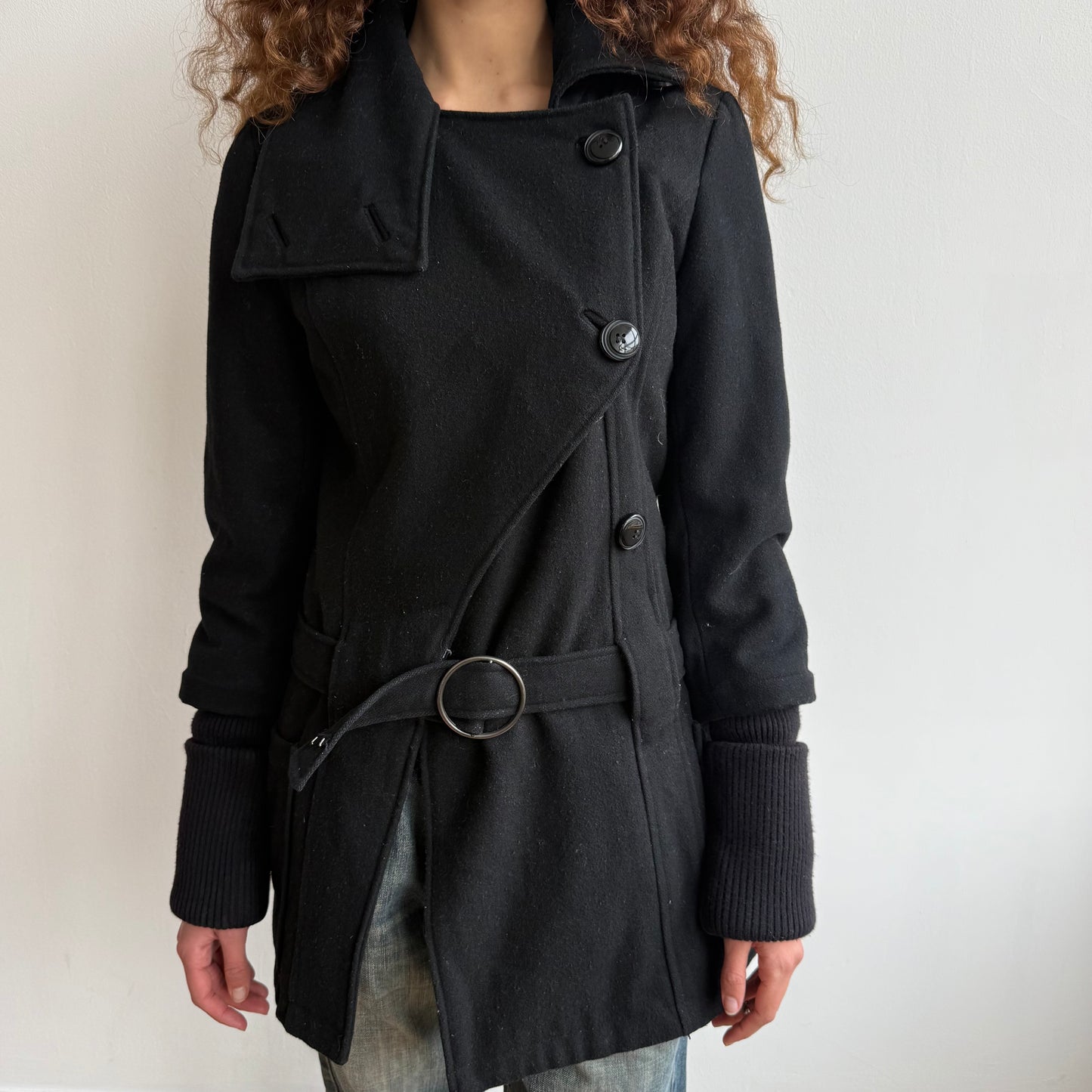 Black asymmetric belt coat - Size M