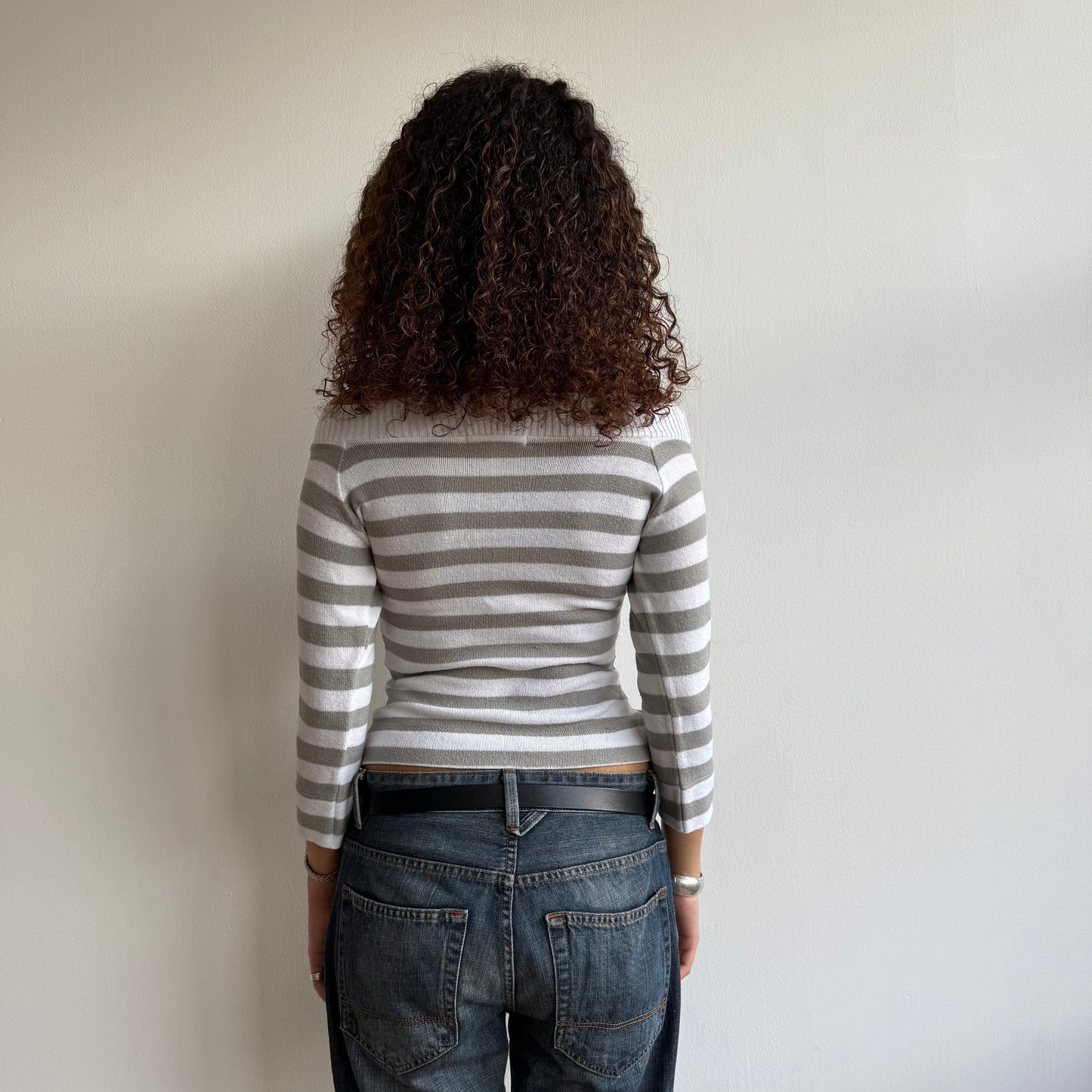 Grey + white striped Bardot knit - Size S