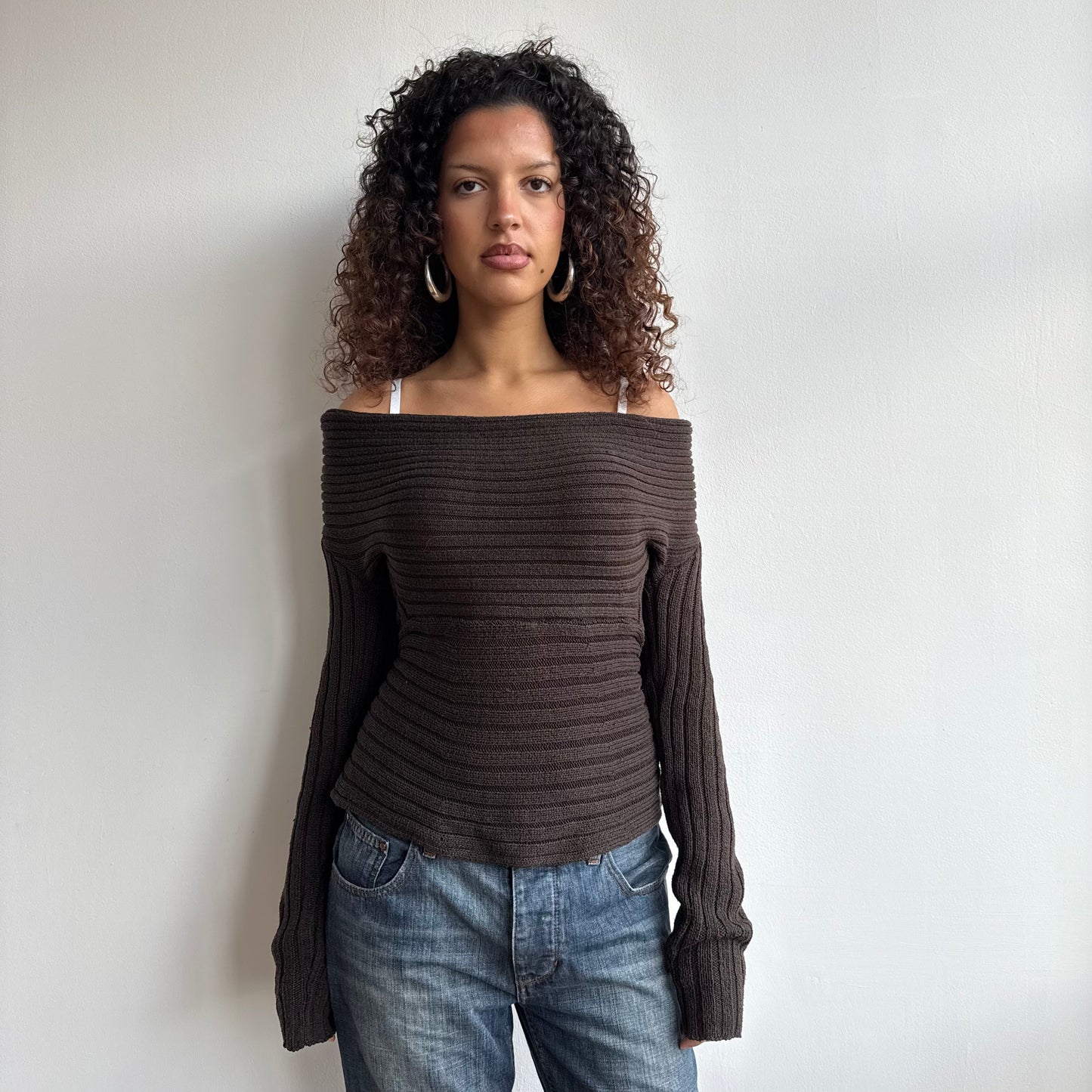 Brown chunky knit Bardot jumper - Size M