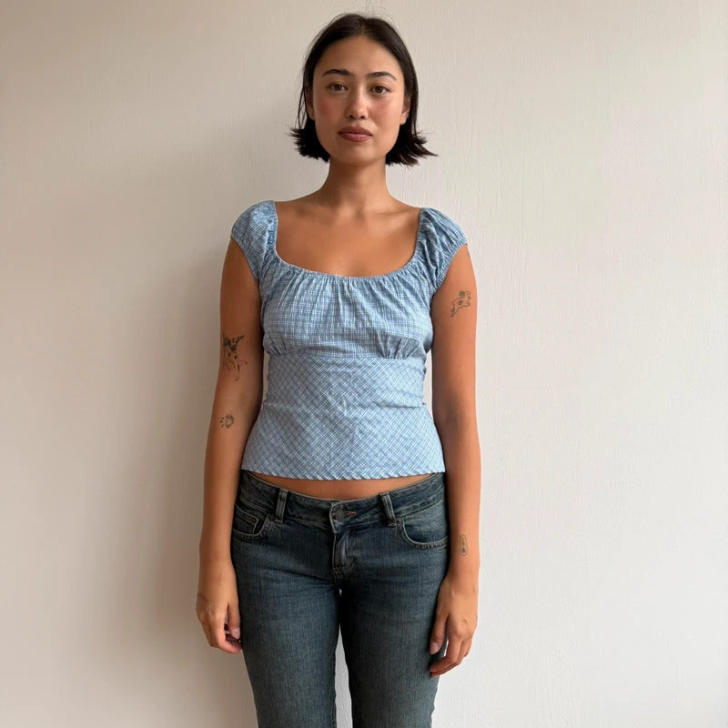 Blue check backless milkmaid top - Size S-M