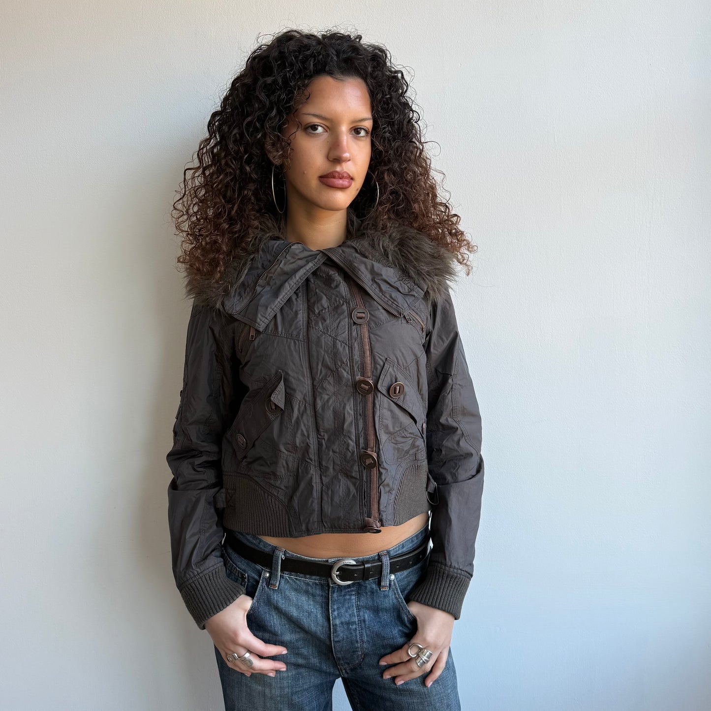 Brown fur collar bomber - Size M