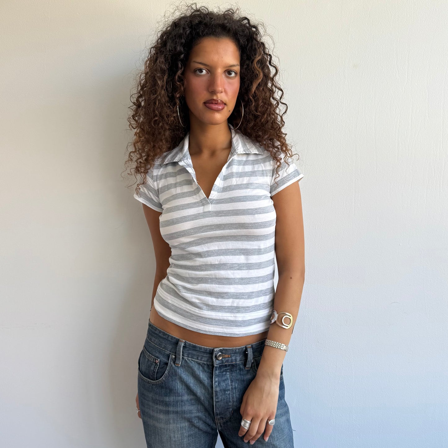 Grey + white stripe polo - Size S + M