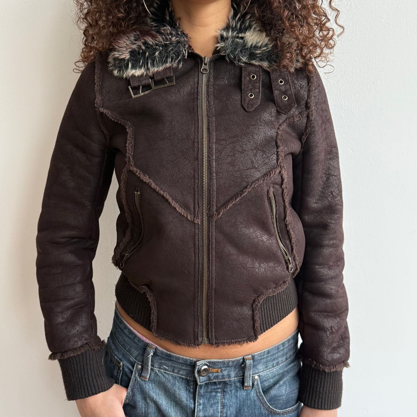 Brown faux suede fur collar bomber - Size S + M