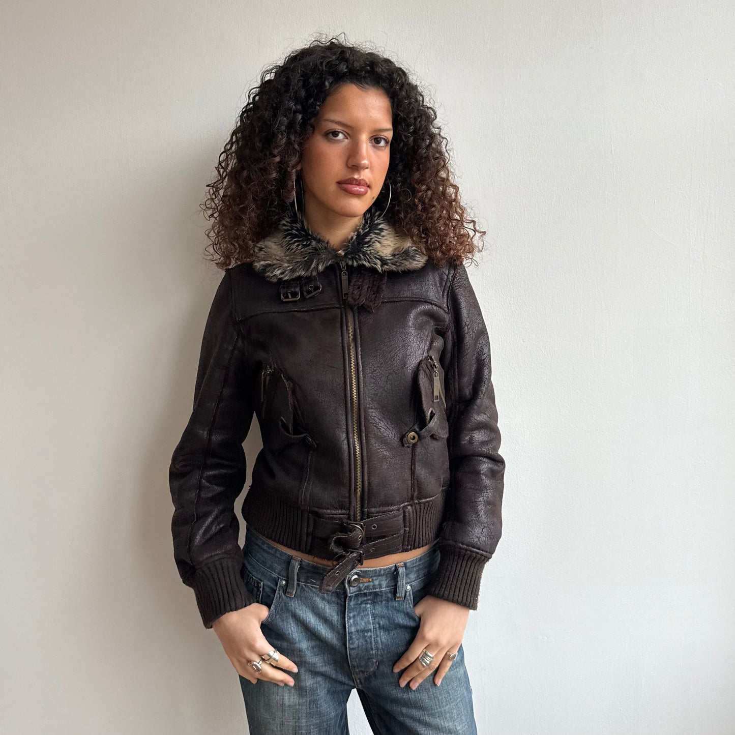 Brown buckle faux suede bomber - Size S
