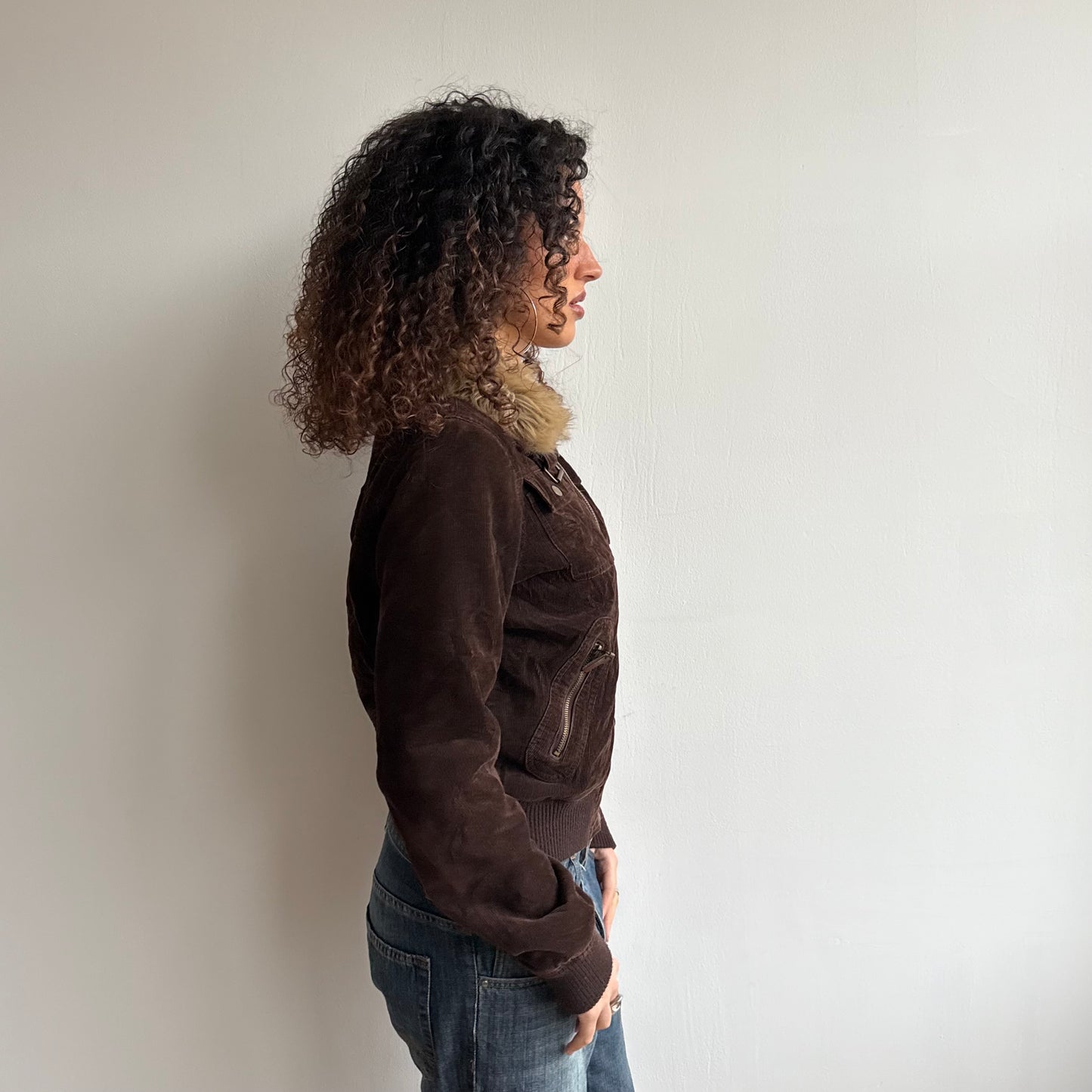 Brown cord fur collar bomber - Size M