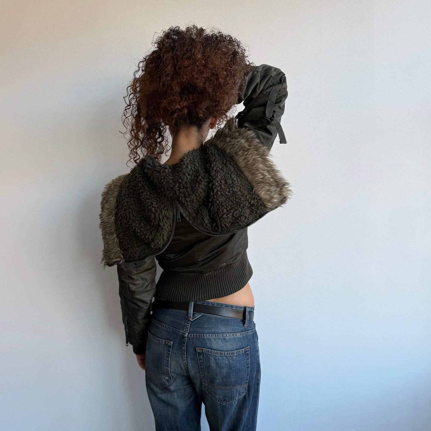 Khaki faux fur hood bomber - Size S